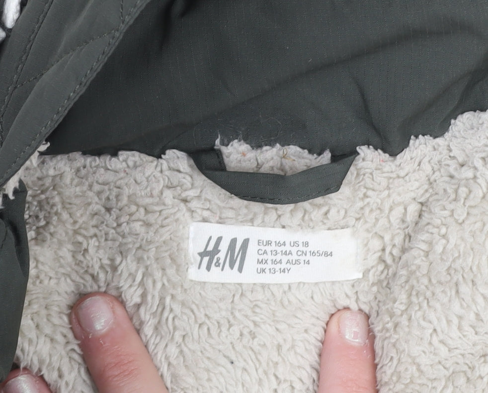 H&M Girls Green Hooded Parka Coat 13-14 Years Polyester Lined Winter Jacket