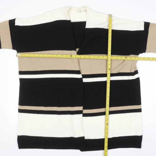 Masai Women Black Beige Striped Lightweight Open Cardigan L