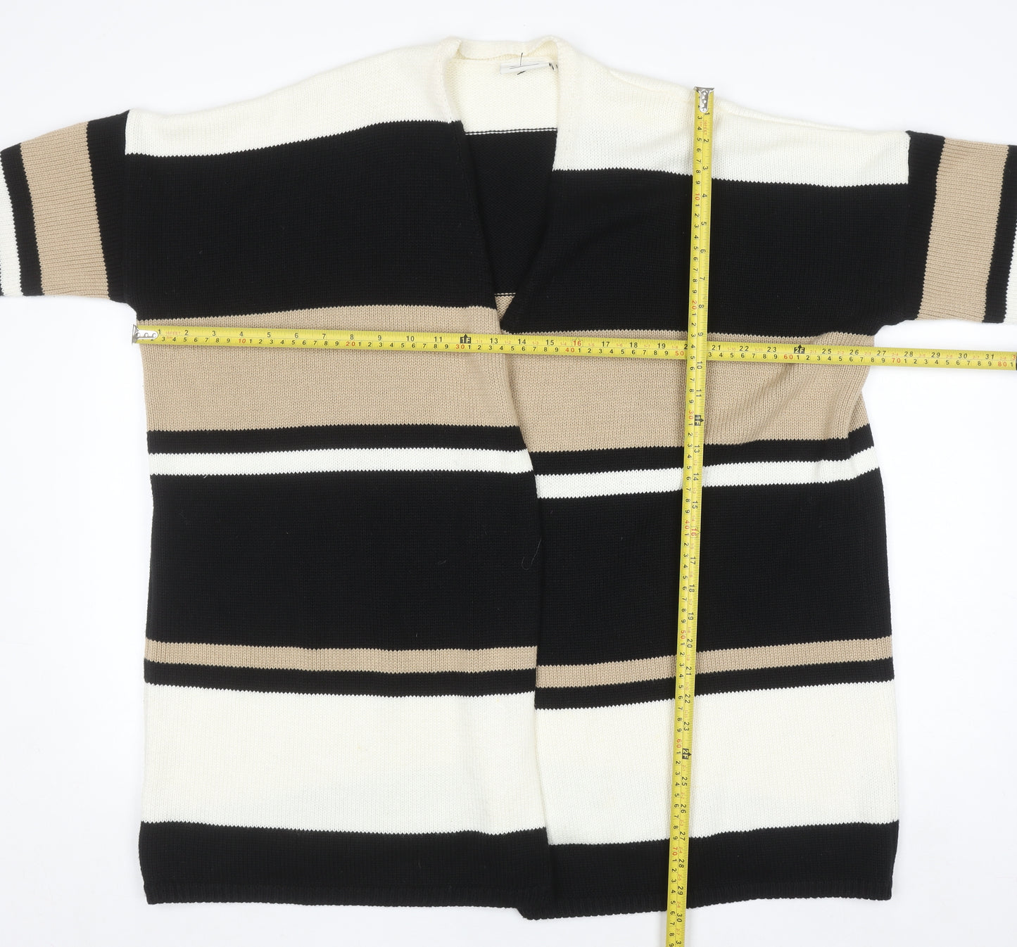 Masai Women Black Beige Striped Lightweight Open Cardigan L