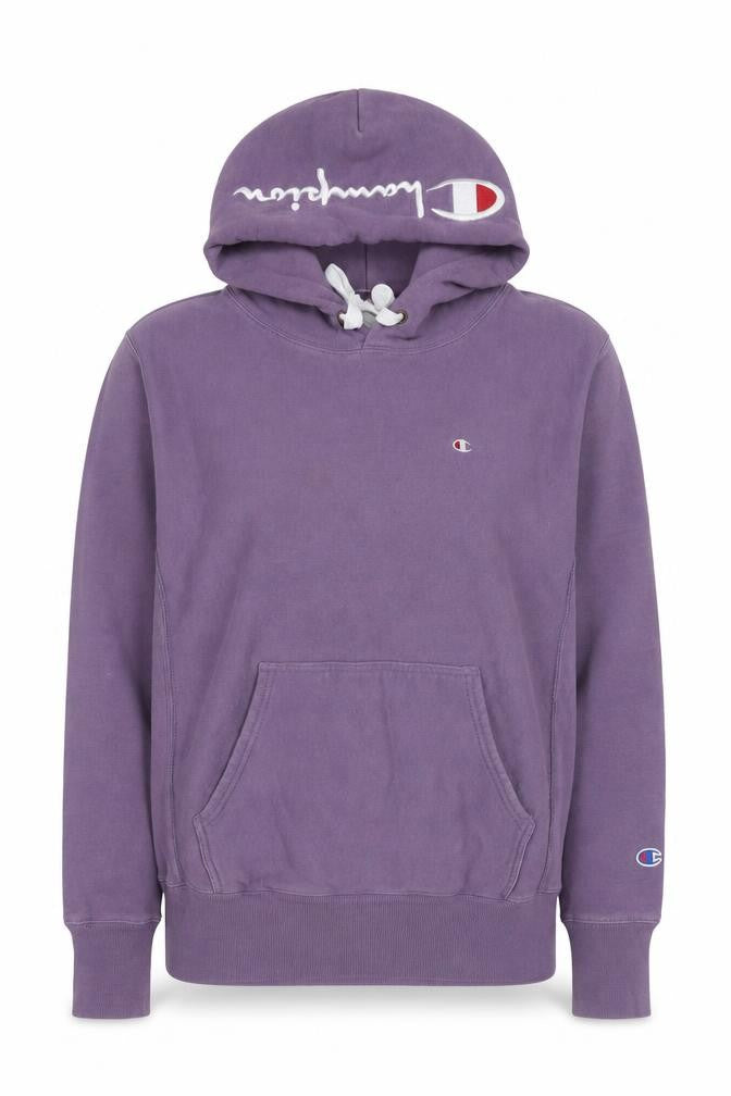 Front view of Champion women’s purple reverse weave pullover hoodie, size L