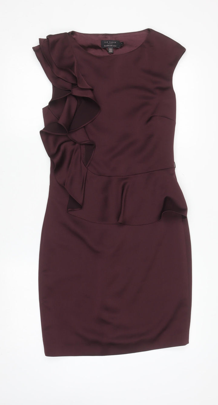 Ted Baker Women's Brown Ruffle Sheath Sleeveless Dress UK 8