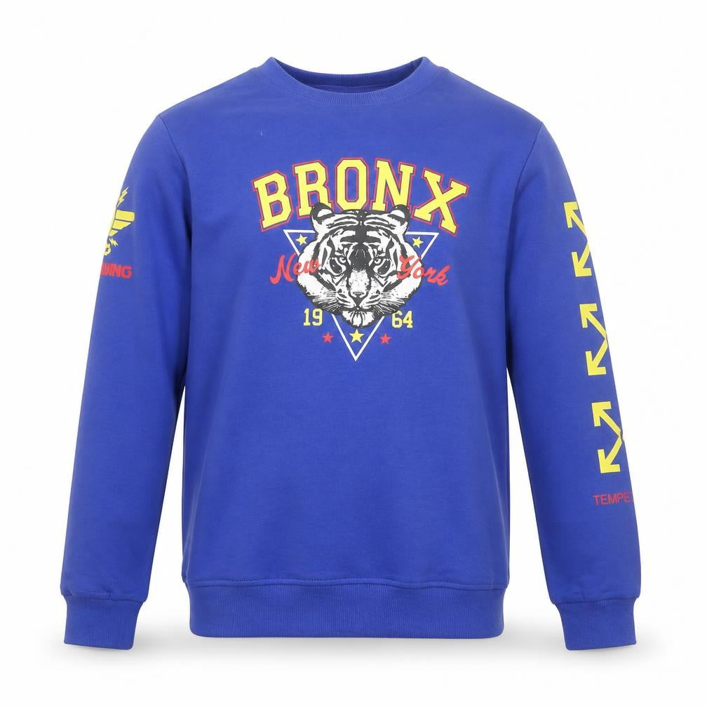 Front view of COMFISH Teens Blue Bronx Graphic Print Pullover Sweatshirt 164