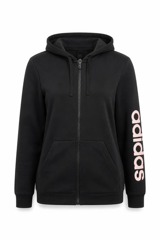 Front view of Adidas women’s black full zip hoodie, size M, 12-14 cotton blend