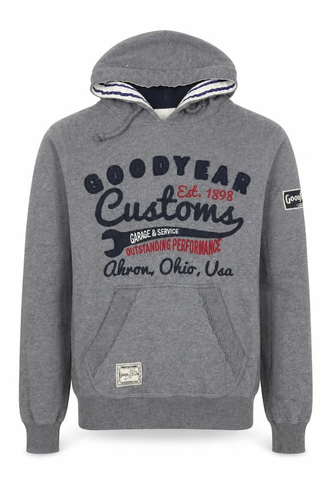 Front view of Goodyear Men's Grey Pullover Hoodie S Embroidered Graphic Fleece