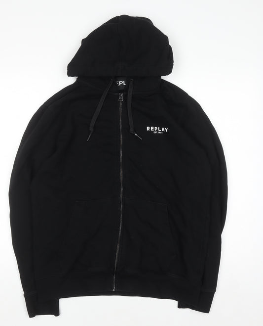 Replay Mens Black Full Zip Hoodie Size L Cotton Blend