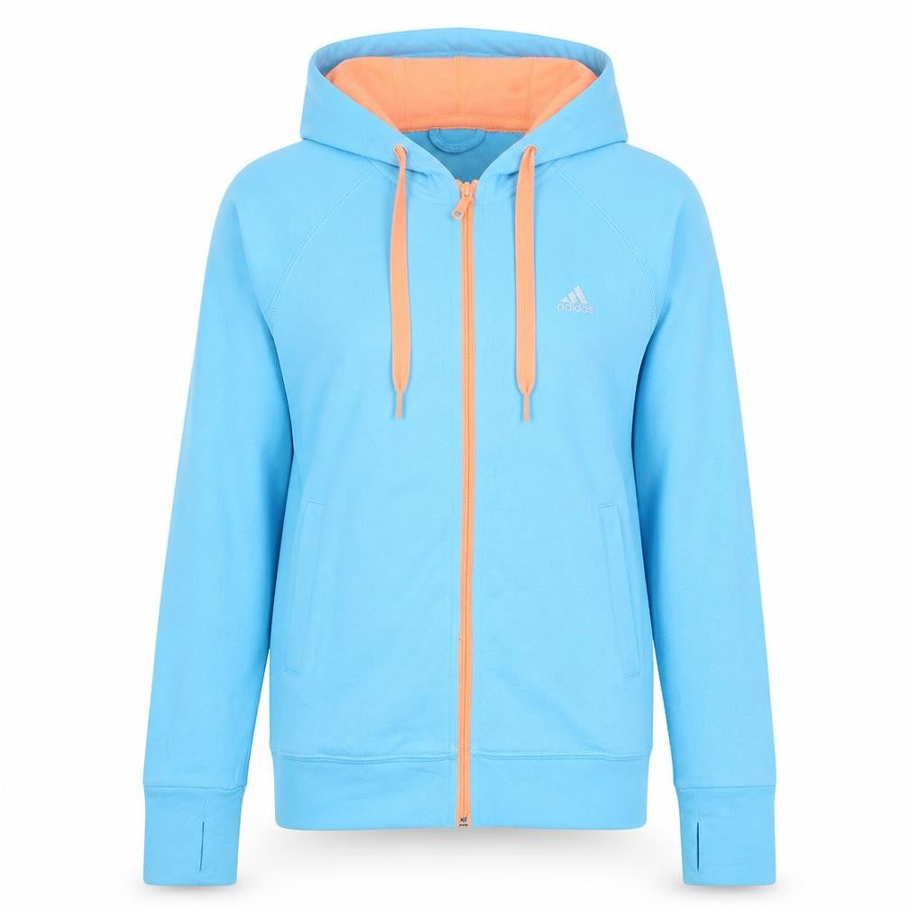 Front view of Adidas unisex blue full zip climalite hoodie xs