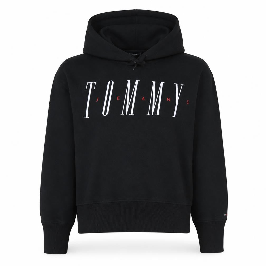 Front view of Tommy Jeans women’s black small pullover hoodie sweatshirt