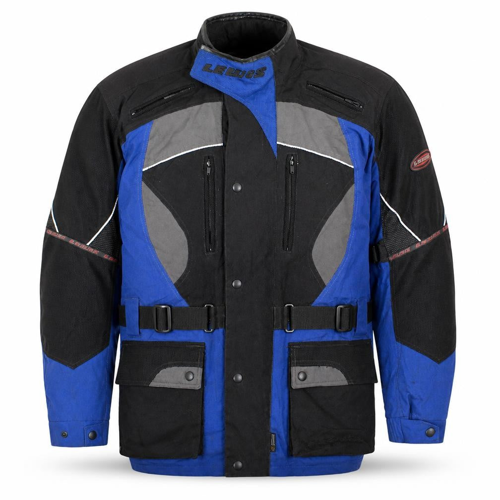 Front view of Lewis Leathers Men's Blue Waterproof Motorcycle Jacket M