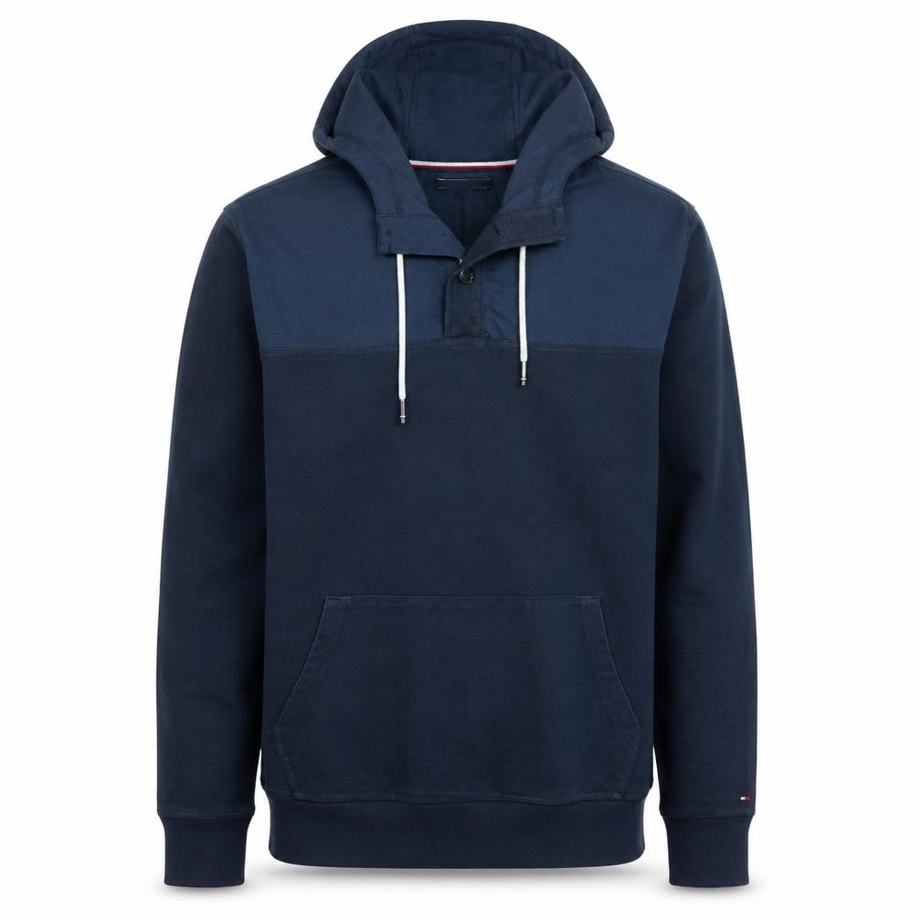 Front view of Tommy Hilfiger men’s navy blue l hooded pullover sweatshirt