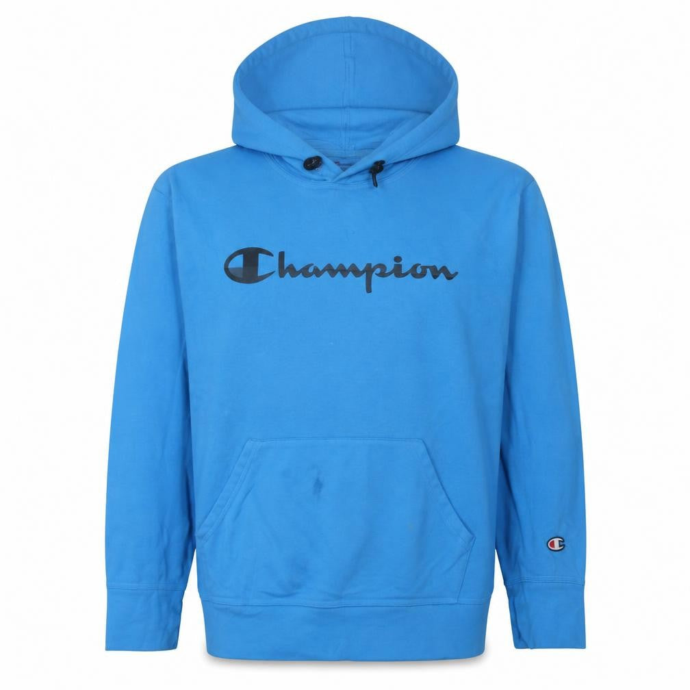 Front view of Champion Men's Blue Pullover Hoodie L Regular Fit Logo
