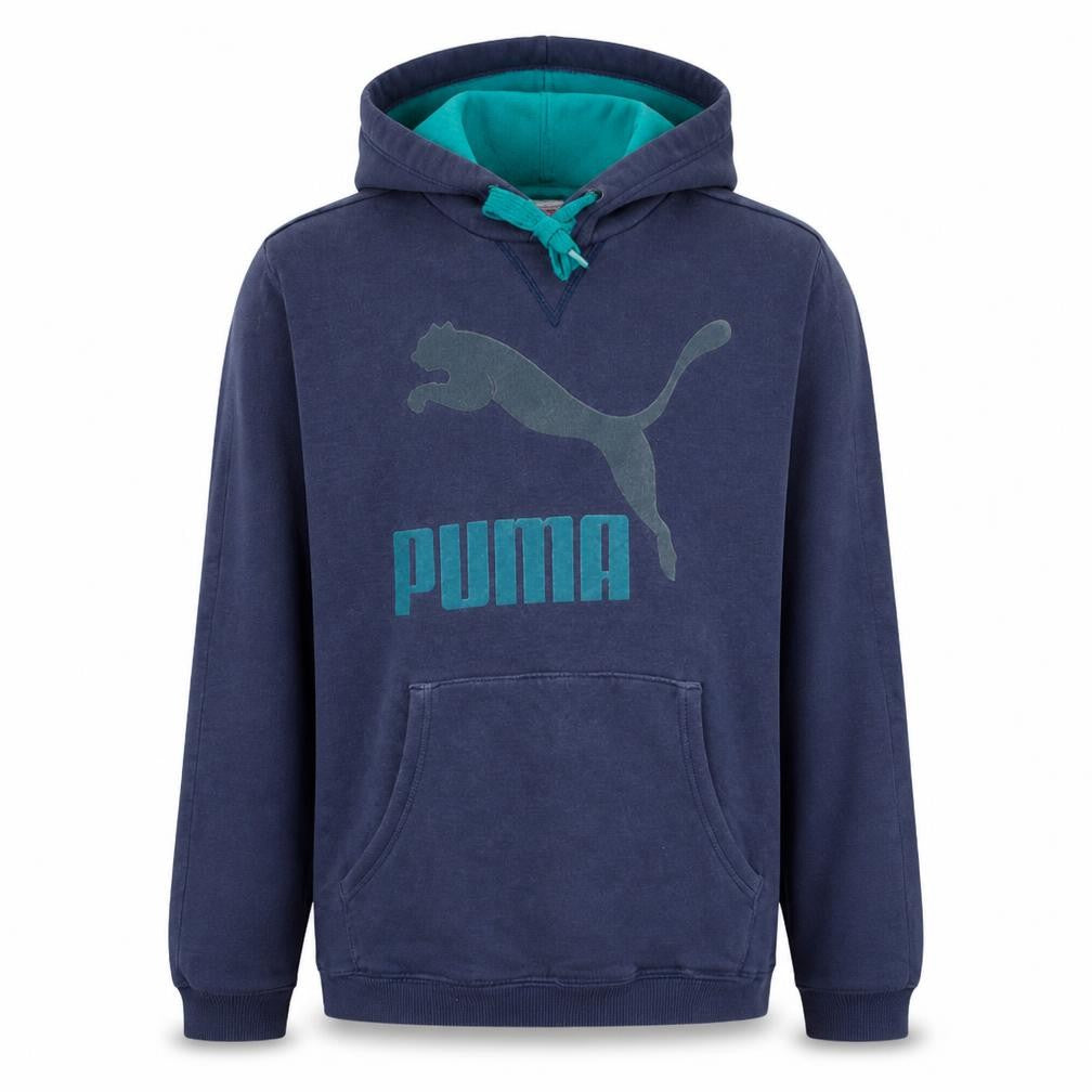 Front view of Puma Men's Blue Pullover Hoodie S Regular Fit Logo Graphic