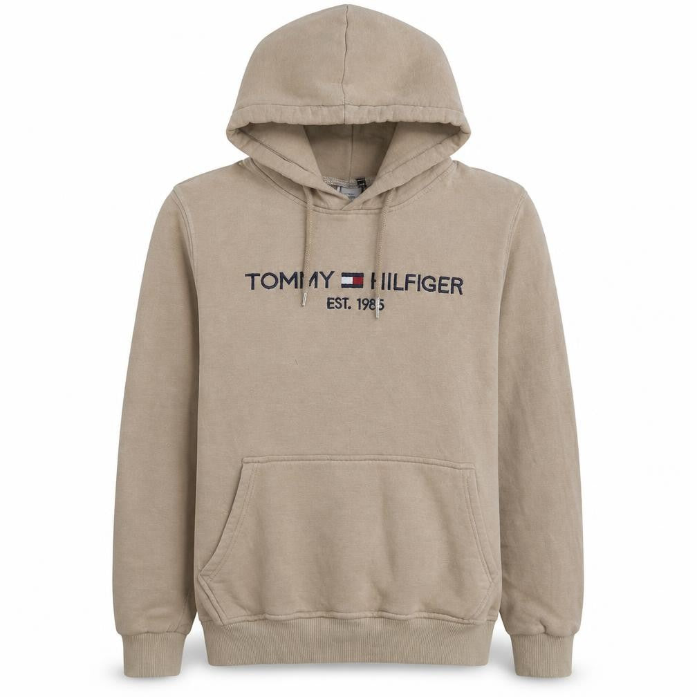 Front view of Tommy Hilfiger Men Beige Small Pullover Hoodie Embroidered Logo