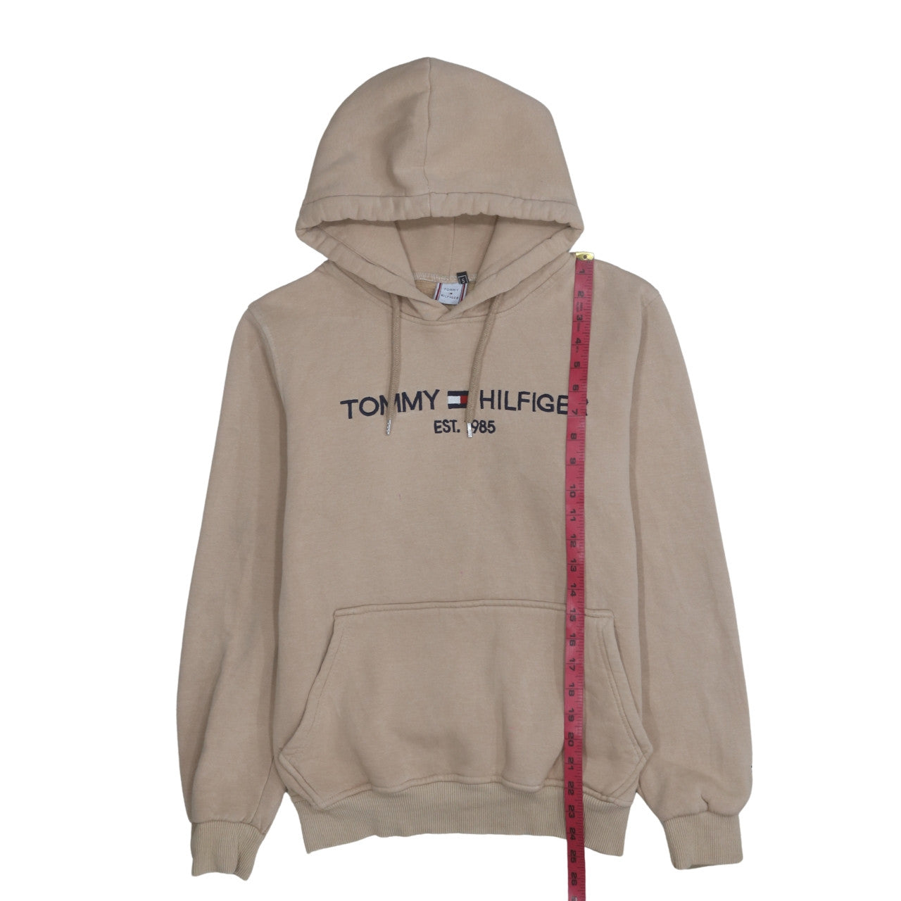 Tommy Hilfiger Men Beige Small Pullover Hoodie Embroidered Logo