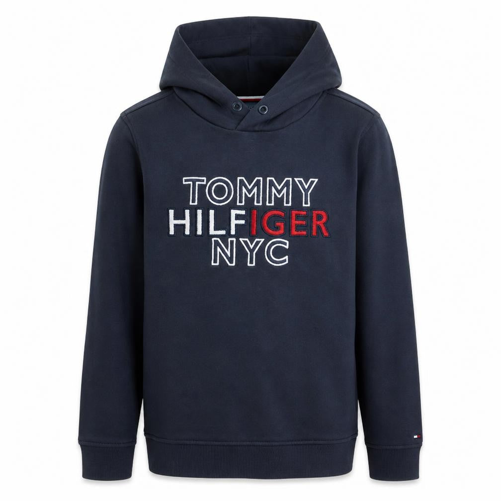 Front view of Tommy Hilfiger boys’ navy pullover hoodie, size 164, graphic cotton blend