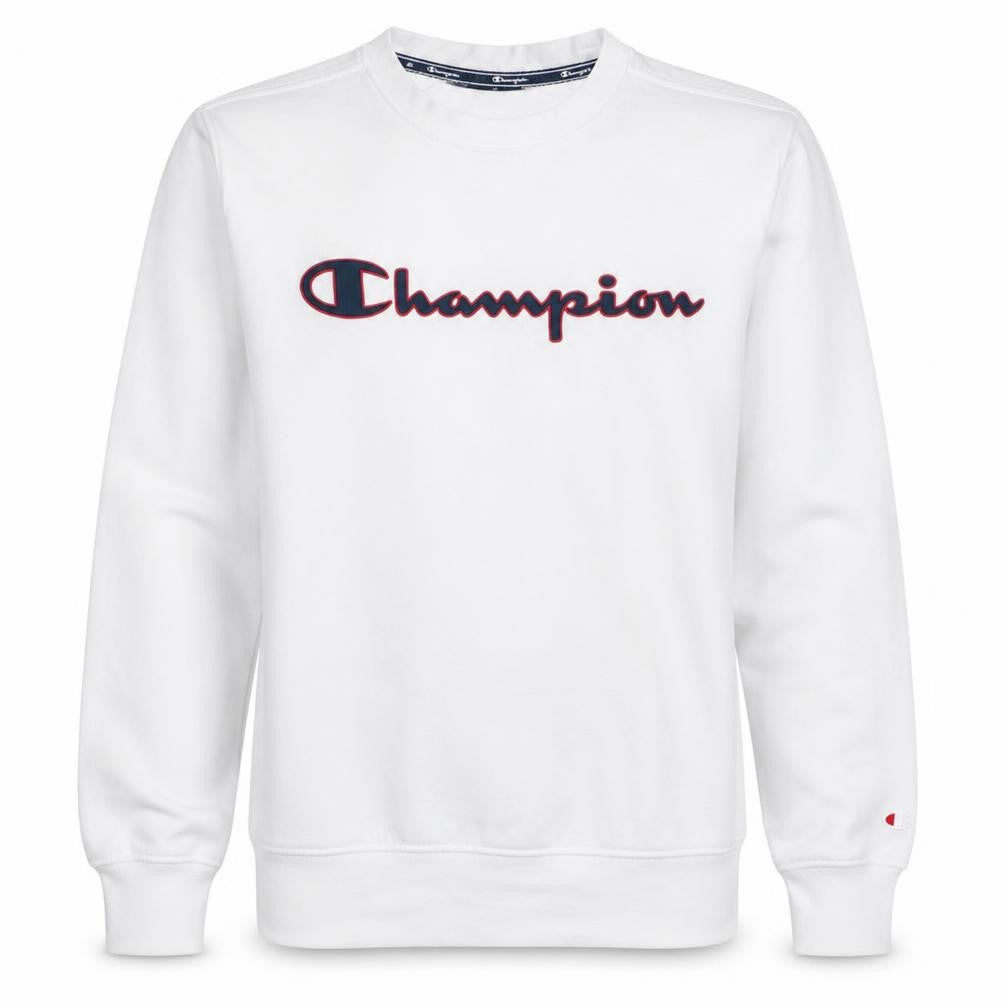 Front view of Champion Men's White XS Crew Neck Pullover Sweatshirt Logo Cotton Blend