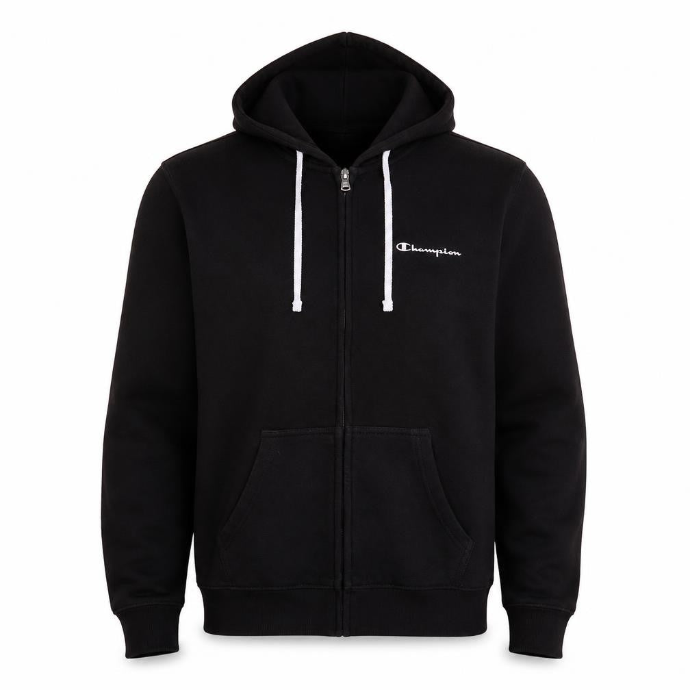 Front view of Champion Men's Black Small Full Zip Hoodie Sweatshirt