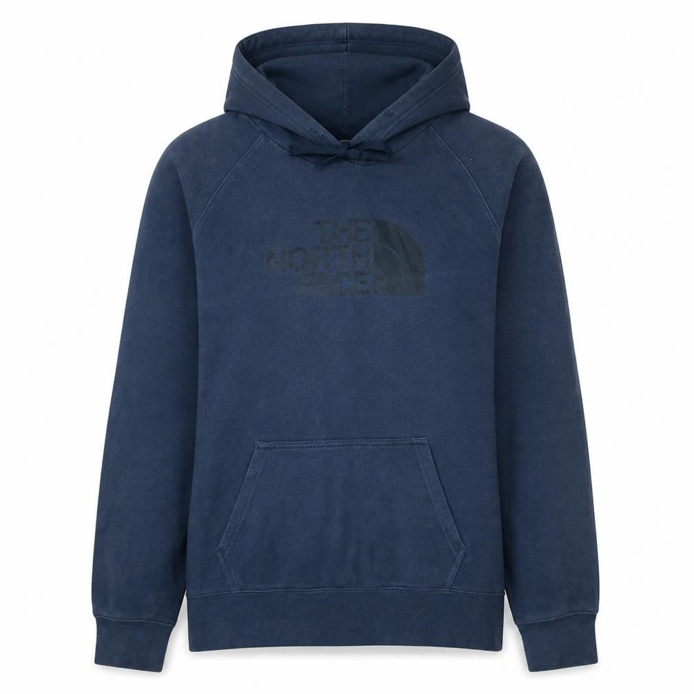Front view of The North Face women’s blue pullover hoodie, size M, cotton blend