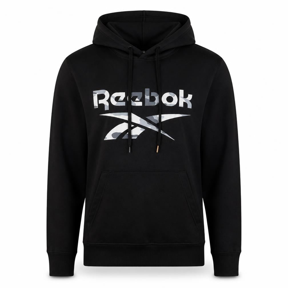 Front view of Reebok Men’s Black Pullover Hoodie M Logo Sportswear