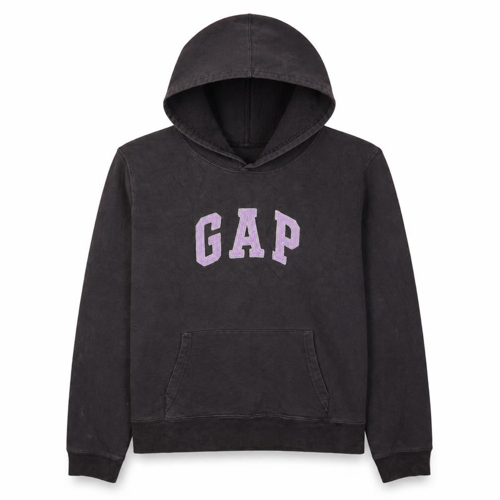 Front view of Gap Women Black Pullover Hoodie L Hooded Logo Sweatshirt