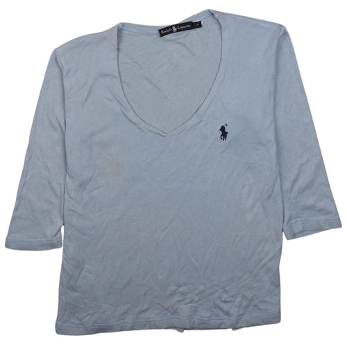 Ralph Lauren Women's Blue V-Neck 3/4 Sleeve Cotton T-Shirt L