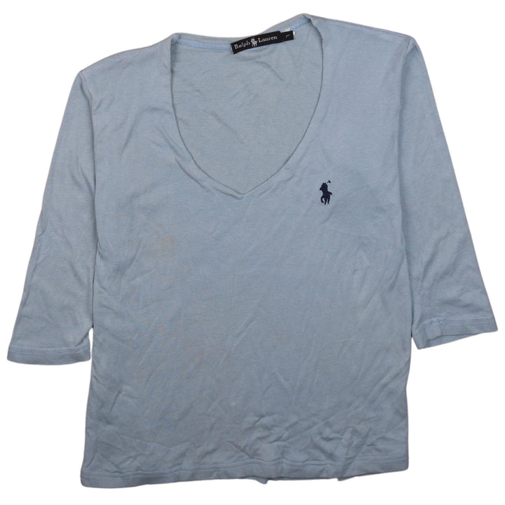 Ralph Lauren Women's Blue V-Neck 3/4 Sleeve Cotton T-Shirt L