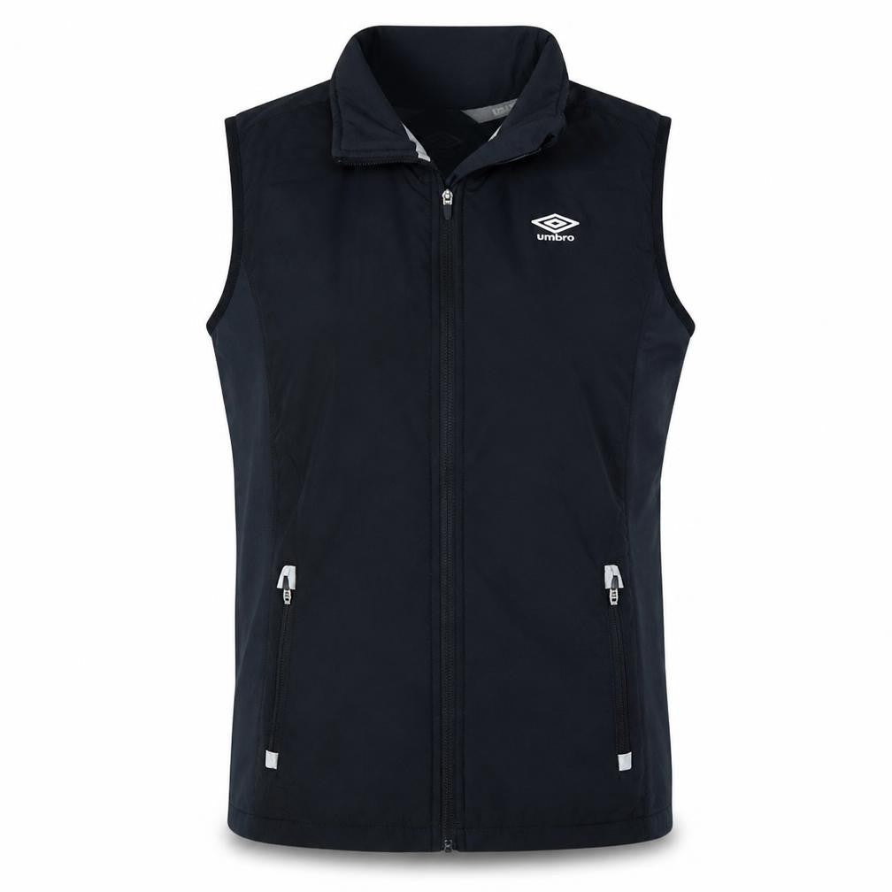 Front view of Umbro Women's Black Softshell Waistcoat, size 8, Sleeveless Zip Vest