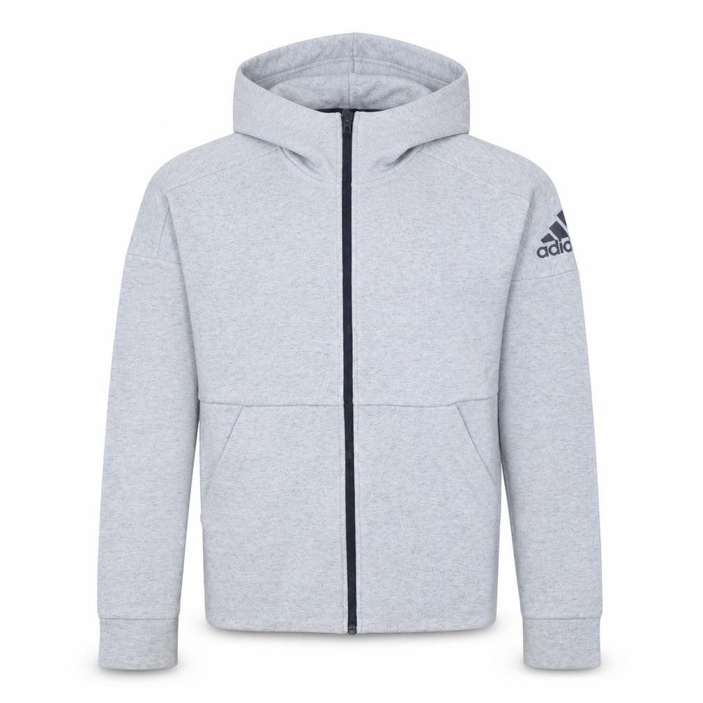 Front view of Adidas Men's Grey XS Full Zip Hooded Sweatshirt