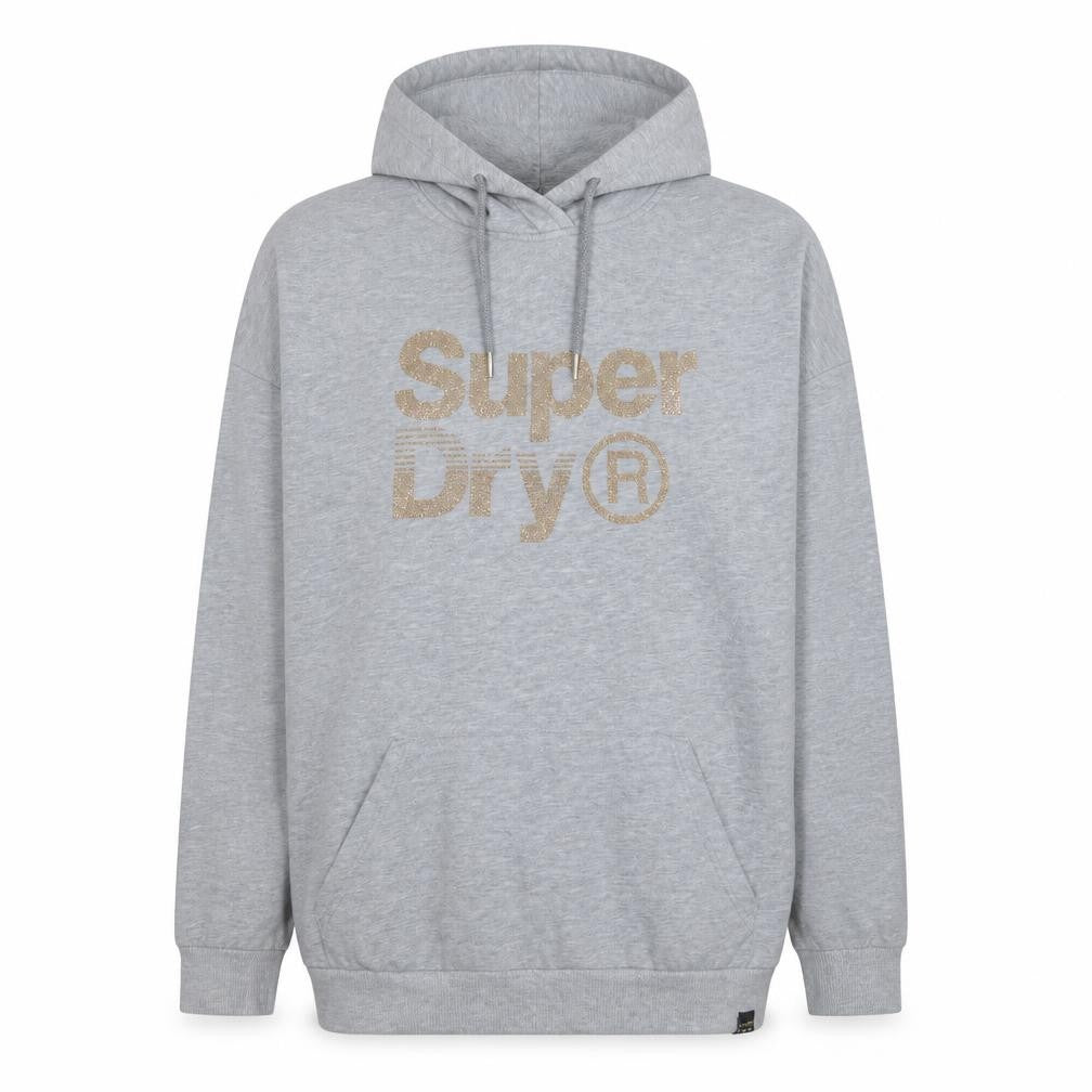 Front view of Superdry Women Grey Glitter Logo Pullover Hoodie, size 12, UK Medium