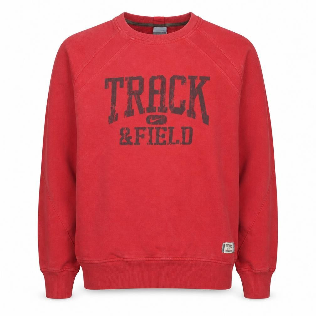 Front view of Nike men’s red crew neck track & field sweatshirt, size L