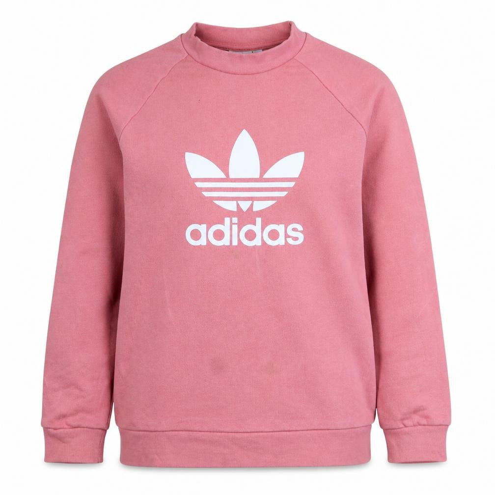 Front view of Adidas women’s pink crew neck sweatshirt, size S, cotton logo pullover