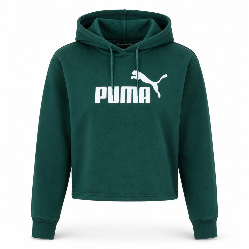 Front view of Puma women’s green xs pullover hoodie sweatshirt logo print