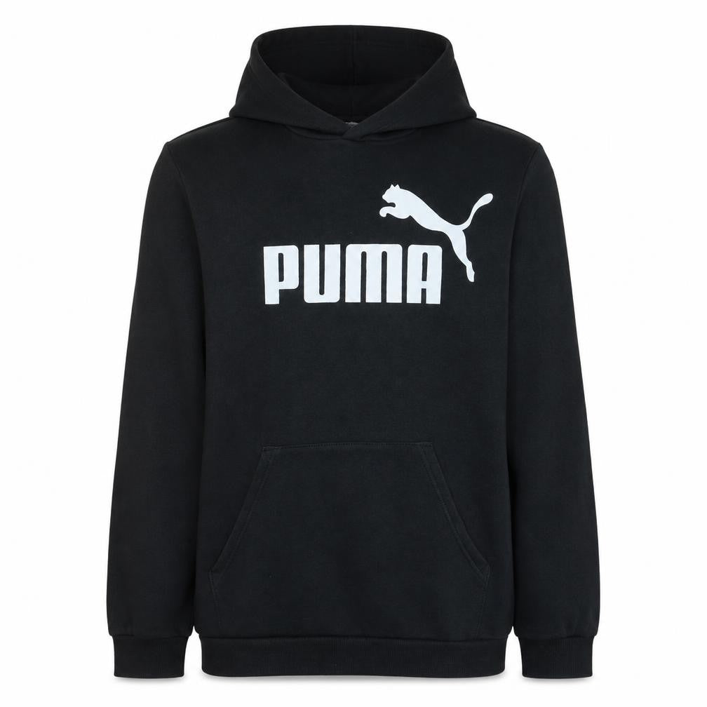 Front view of Puma boys’ black pullover hoodie, size 15-16, years classic logo sweatshirt