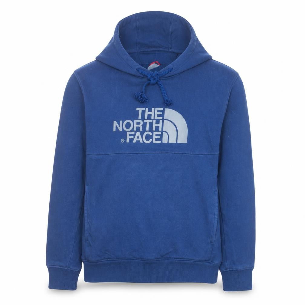 Front view of The North Face men’s blue pullover hoodie small regular fit