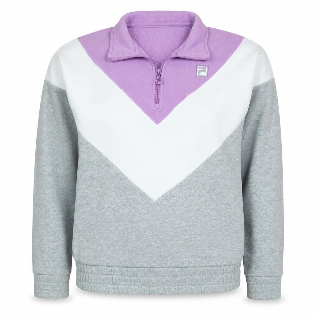 Front view of Fila women’s grey purple white 1/4 zip sweatshirt, size S