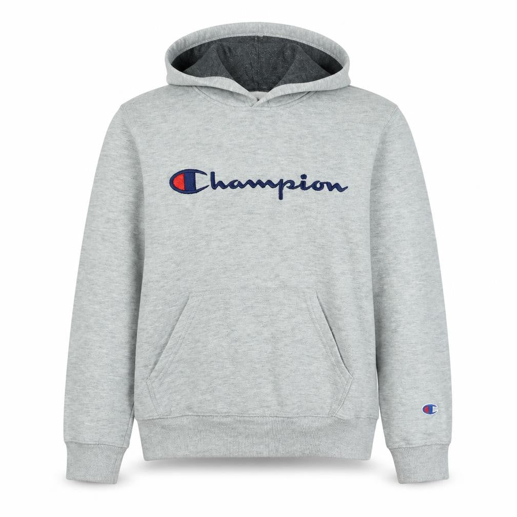 Front view of Champion boys’ grey pullover hoodie medium size with logo print