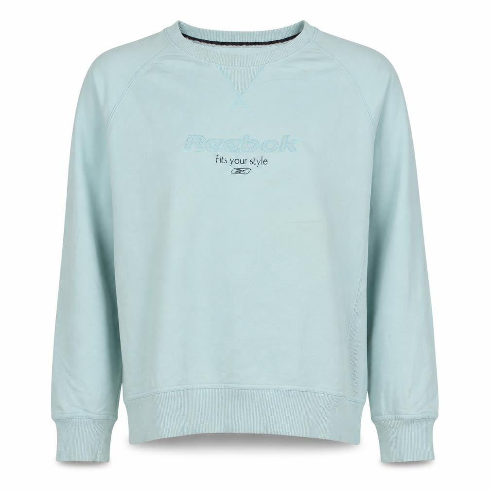 Front view of Reebok Women Blue Pullover Sweatshirt XL Logo Print Cotton Casual
