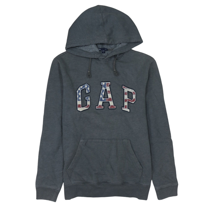 GAP Women Grey Pullover Hoodie Small American Flag Logo Casual