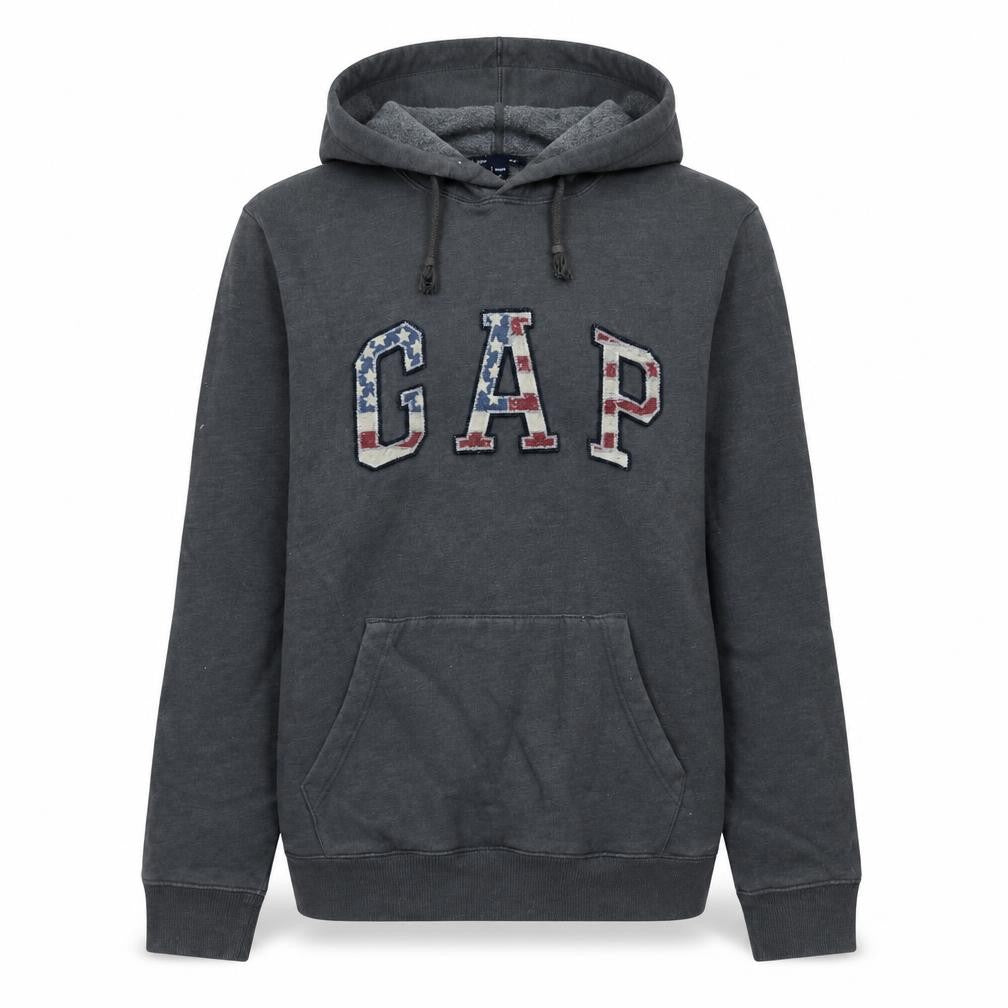 Front view of Gap Women Grey Pullover Hoodie Small American Flag Logo Casual
