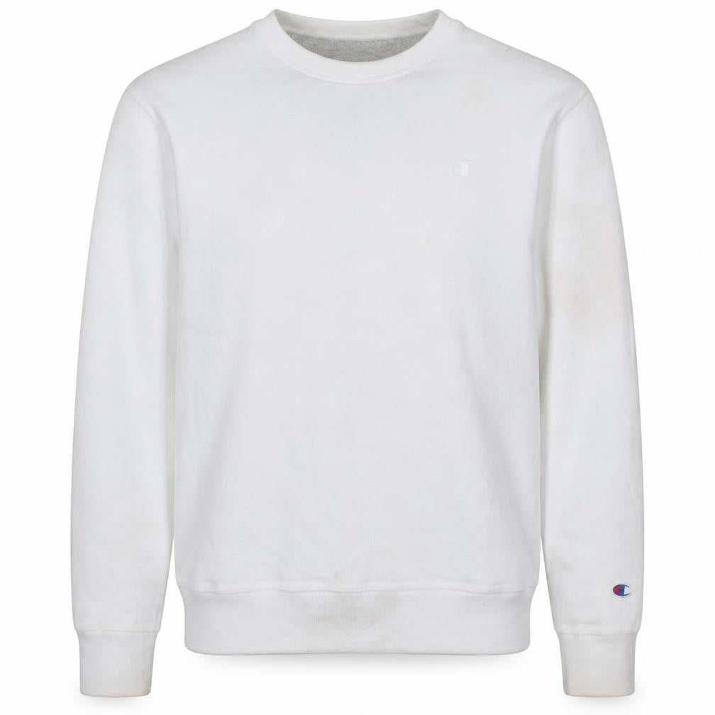 Front view of Champion Men's White Pullover Sweatshirt, size M, Crew Neck Fleece