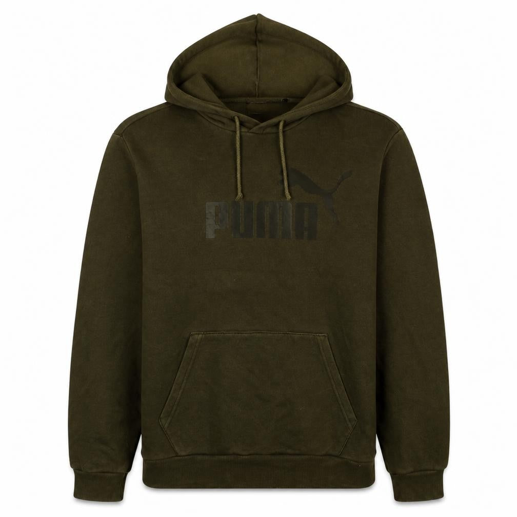 Front view of Puma Men’s Green Pullover Hoodie L Logo Fleece Kangaroo Pocket