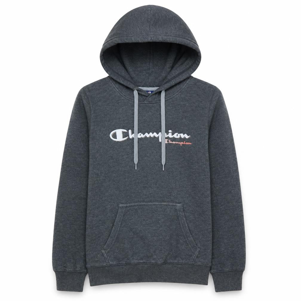 Front view of Champion Women's Grey Pullover Hoodie Medium with Logo Design