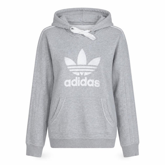 Front view of Adidas women’s grey hoodie, size UK 10, classic trefoil logo pullover