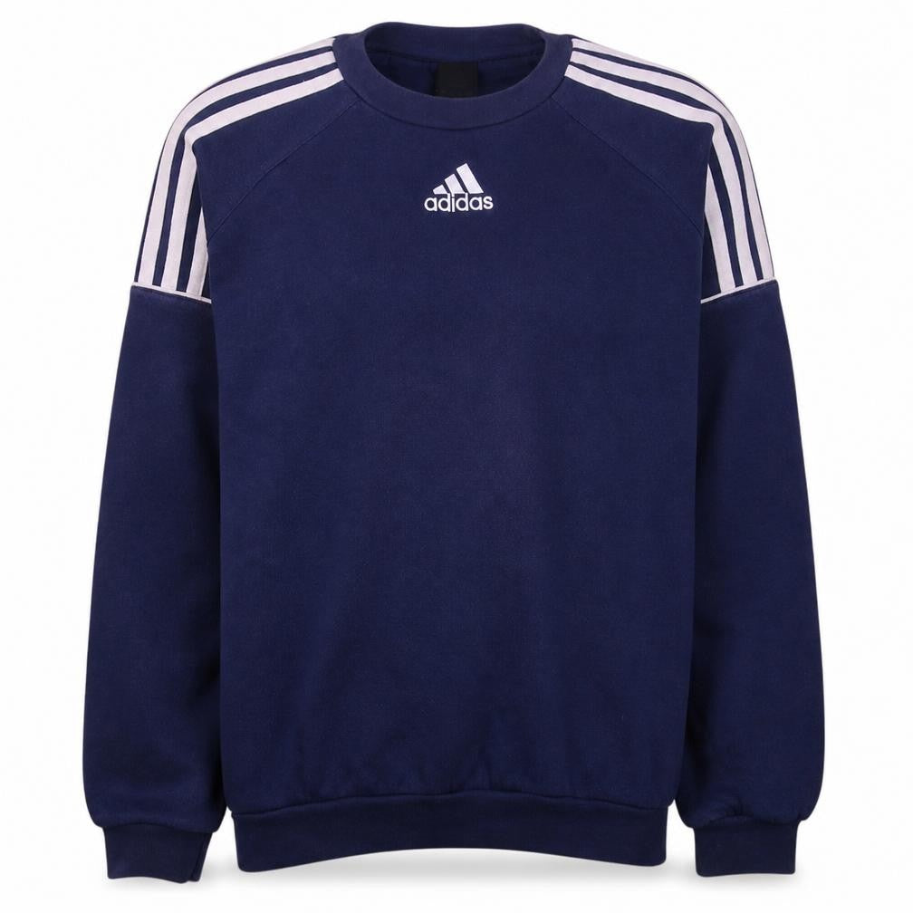 Front view of Adidas men’s blue crew neck pullover sweatshirt m sports logo