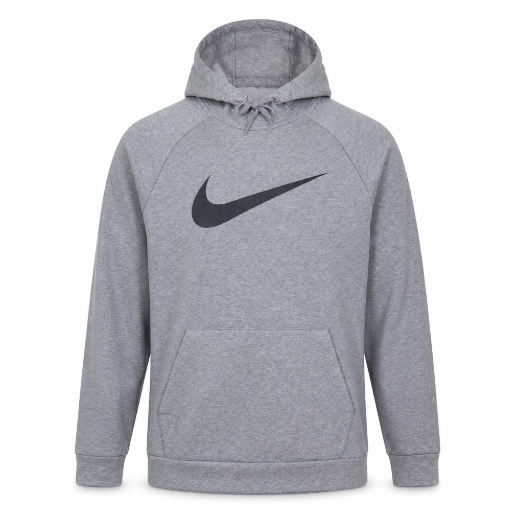 Front view of Nike Men's Grey Dri-Fit Pullover Hoodie, size L, Sportswear