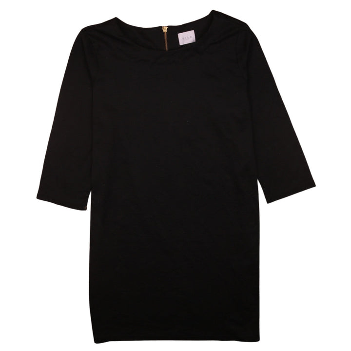 Vila Women Black Knee Length Shift Dress Size M 3/4 Sleeve Zip Back