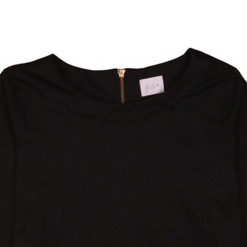 Vila Women Black Knee Length Shift Dress Size M 3/4 Sleeve Zip Back