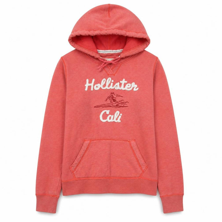 Hollister Women Coral Pink Pullover Hoodie Size L Embroidered Surf Design