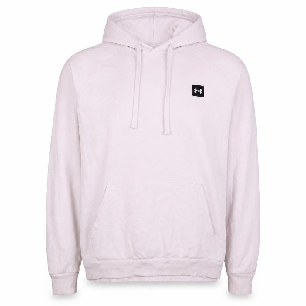 Front view of Under Armour Men's White ColdGear Pullover Hoodie, size L, Loose Fit