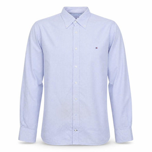 Front view of Tommy Hilfiger Men's Blue Checked Long Sleeve Button-Up Shirt, size L