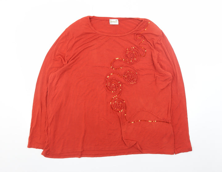 Roman Originals Women Red Long Sleeve Beaded Sequin Jersey Top 2XL